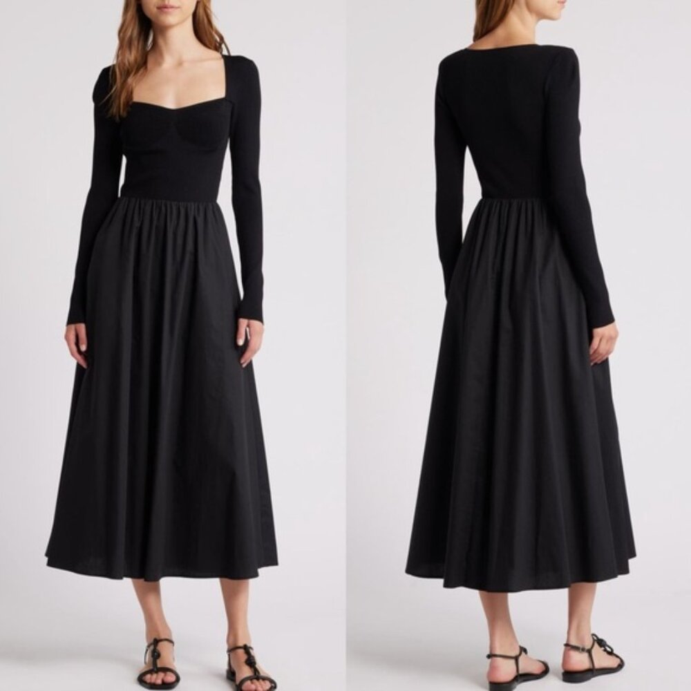 Moon River Sweetheart neck long sleeve mixed media dress